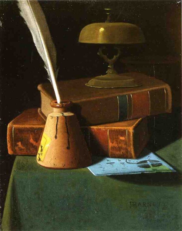 Still Life with Inkwell, Quill and Books by John Frederick Peto, hand-painted oil painting reproduction