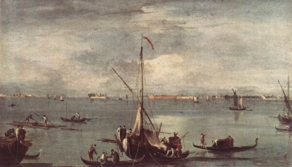The Lagoon with Boats, Gondolas, and Rafts by Francesco Guardi, hand-painted oil painting reproduction