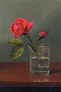 Red Rose and Bud in a Tumbler on a Shiny Table by Martin Johnson Heade, hand-painted oil painting reproduction