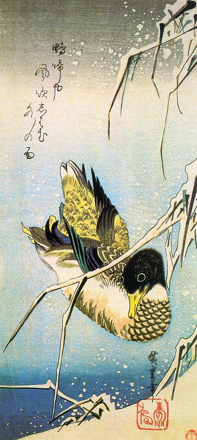 Reeds in the Snow with a Wild Duck by Ando Hiroshige, hand-painted oil reproduction