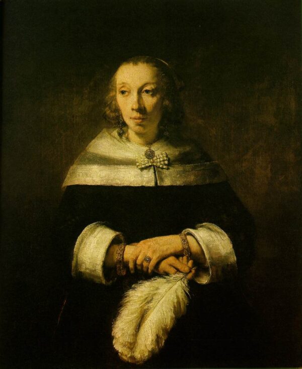 Portrait of a Lady with an Ostrich Feather Fan c. 1660 by Rembrandt, hand-painted oil painting reproduction