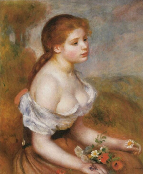 A Young Girl with Daisies by Pierre-Auguste Renoir, hand-painted oil painting reproduction