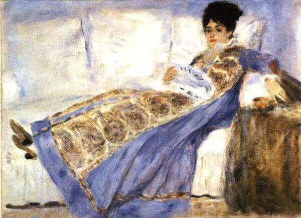 Madame Monet Reading Le Figaro by Pierre-Auguste Renoir, hand-painted oil painting reproduction