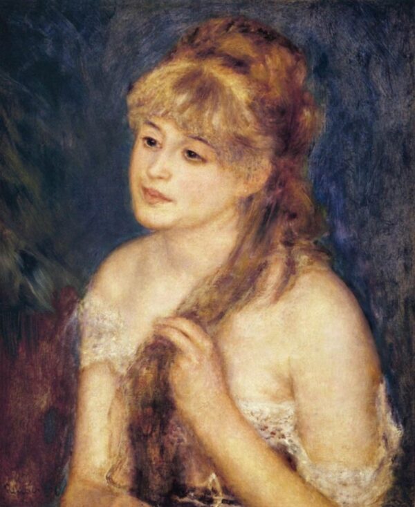 Young Woman Braiding Her Hair by Pierre-Auguste Renoir, hand-painted oil painting reproduction