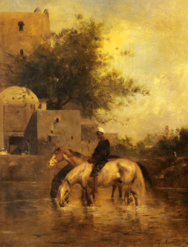 Horses Watering in a River by Fromentin, hand-painted oil painting reproduction