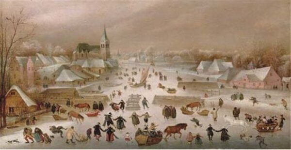 A Winter Landscape With Skaters On A Frozen River by Abel Grimmer, hand-painted oil painting reproduction