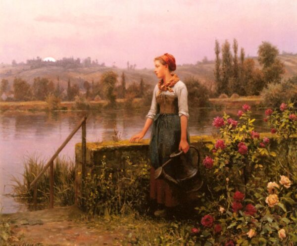 A Woman with a Watering Can by the River by Daniel Ridgway Knight, hand-painted oil painting reproduction