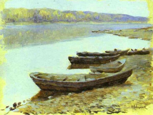 Landscape On The Volga, Boats By The Riverbank by Isaac Levitan, hand-painted oil painting reproduction