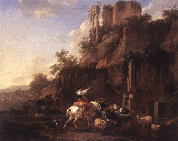 Rocky Landscape with Antique Ruins by Nicolaes Berchem, hand-painted oil painting reproduction