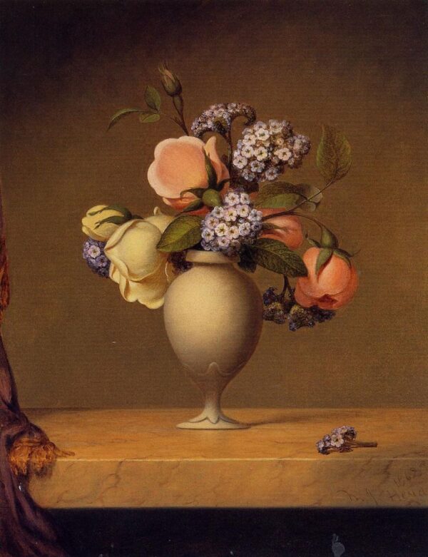 Roses and Heliotrope in a Vase on a Marble Tabletop by Martin Johnson Heade, hand-painted oil painting reproduction