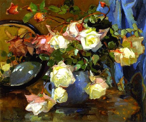 Roses in a Blue Bowl by Franz Bischoff, hand-painted oil reproduction