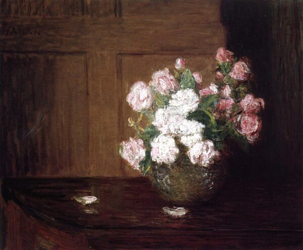 Roses in a Silver Bowl on a Mahogany Table by Julian Alden Weir, hand-painted oil painting reproduction