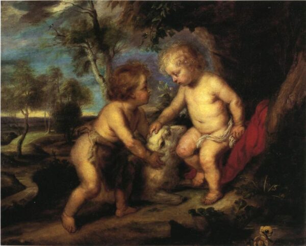 The Christ Child and the Infant St. John after Rubens by Theodore Clement Steele, hand-painted oil painting reproduction