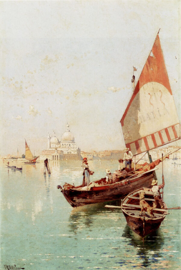 Sailboat In A Venetian Lagoon by Franz Richard Unterberger, hand-painted oil painting reproduction