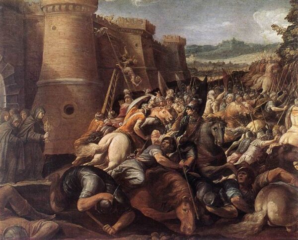 Saint Clare with the Scene of the Siege of Assisi by Giuseppe Cesari, hand-painted oil painting reproduction
