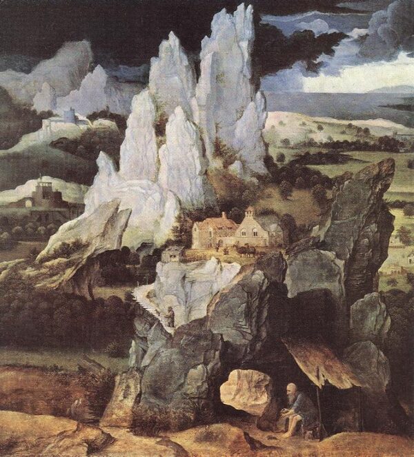 Saint Jerome in Rocky Landscape by Joachim Patenier, hand-painted oil painting reproduction
