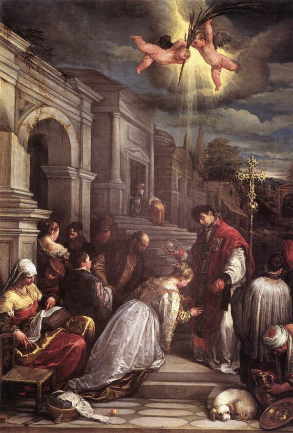 Saint Valentine Baptizing Saint Lucilla by Jacopo Bassano, hand-painted oil painting reproduction