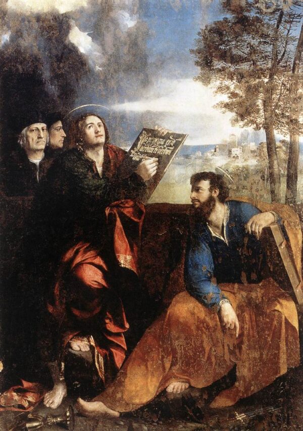 Saints John and Bartholomew with Donors by Dosso Dossi, hand-painted oil painting reproduction