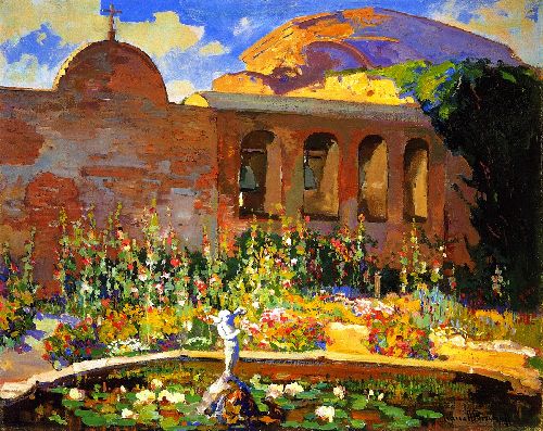 San Juan Capistrano Mission Yard by Franz Bischoff, hand-painted oil reproduction