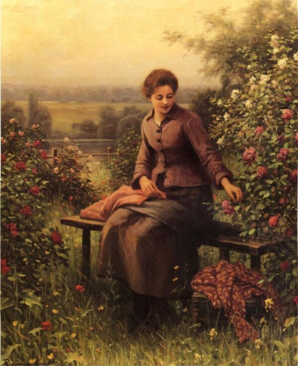 Seated Girl with Flowers by Daniel Ridgway Knight, hand-painted oil painting reproduction