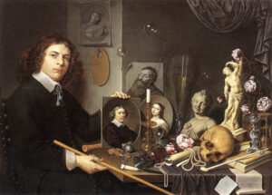 Self portrait With Vanitas Symbols by Giovanni Baglione, hand-painted oil painting reproduction