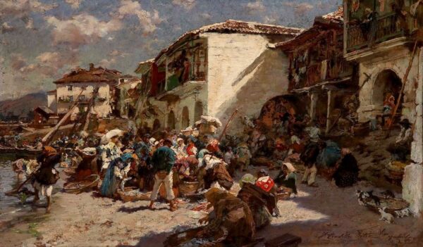 Selling Fish on the Beach in Vigo by Francisco Pradilla Ortiz, hand-painted oil painting reproduction