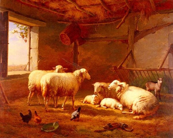 Sheep With Chickens And A Goat In A Barn by Eugène Verboeckhoven, hand-painted oil painting reproduction