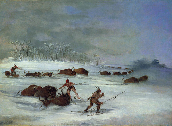 Sioux Indians on Snowshoes Lancing Buffalo by George Catlin, hand-painted oil painting reproduction