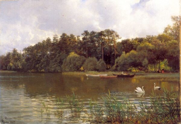 Skogsvann Med Svaner by Hans Gude, hand-painted oil painting reproduction