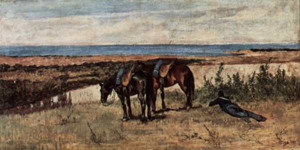 Soldier with Two Horses on the Bank of the Sea by Giovanni Fattori, hand-painted oil painting reproduction