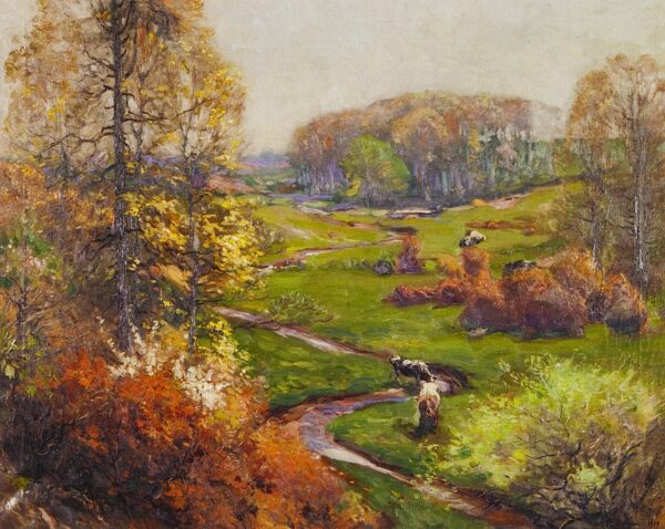 Spring Landscape with Meandering Stream and Cows by Mathias J Alten, hand-painted oil painting reproduction