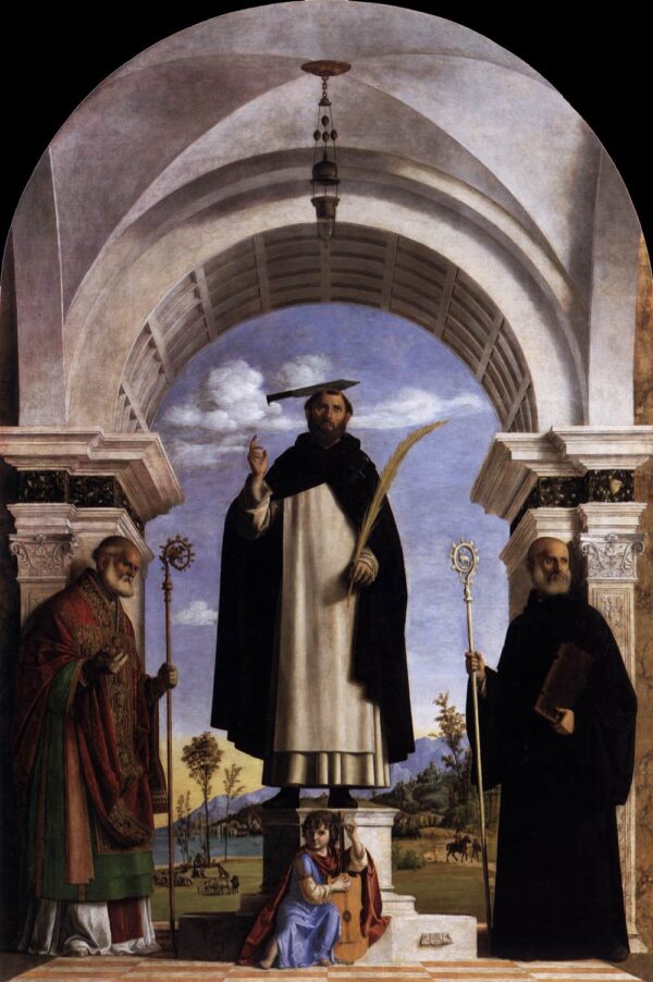 St Peter Martyr with St Nicholas of Bari, St Benedict and an Ang by Cima da Conegliano, hand-painted oil painting reproduction