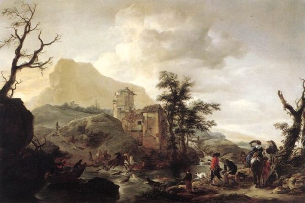 Stag Hunt in a River by Philips Wouwerman, hand-painted oil painting reproduction