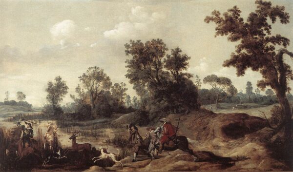 Stag Hunting in the Dunes by Gerrit Claesz Bleker, hand-painted oil painting reproduction