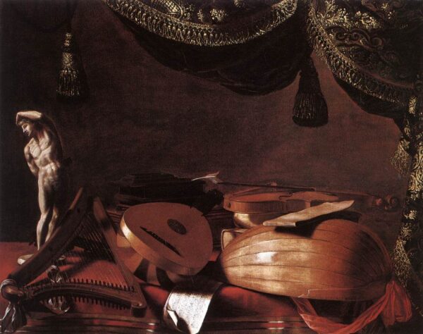 Still-Life with Musical Instruments and a Small Classical Statue by Evaristo Baschenis, hand-painted oil painting reproduction