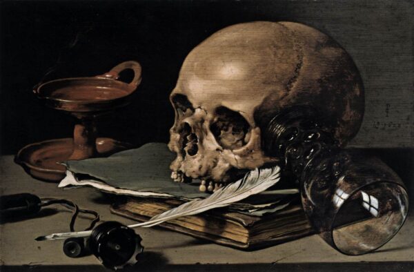 Still Life with a Skull and Writing Quill by Pieter Claesz, hand-painted oil painting reproduction