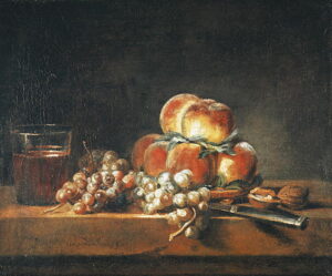 Still Life of Peaches Nuts Grapes and a Glass of Wine 1758 by Jean-Baptiste-Siméon Chardin, hand-painted oil painting reproduction