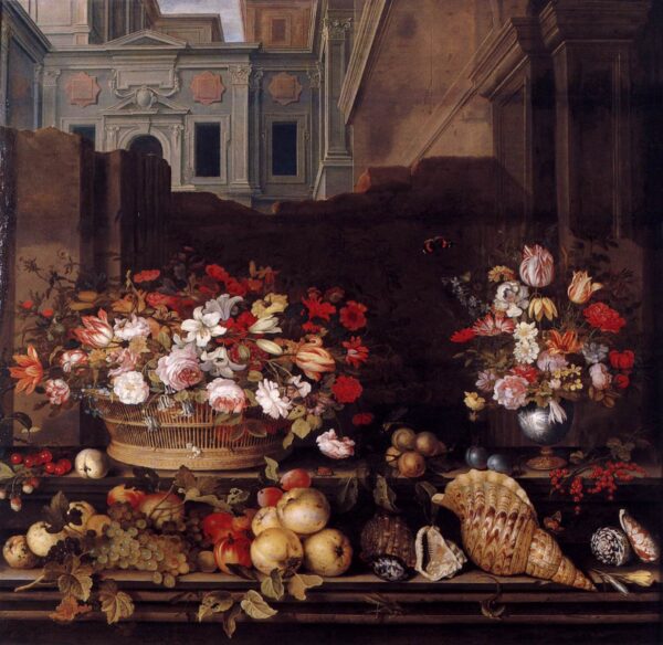 Still Life with Flowers, Fruit, and Shells 1640 by Balthasar van der Ast, hand-painted oil painting reproduction