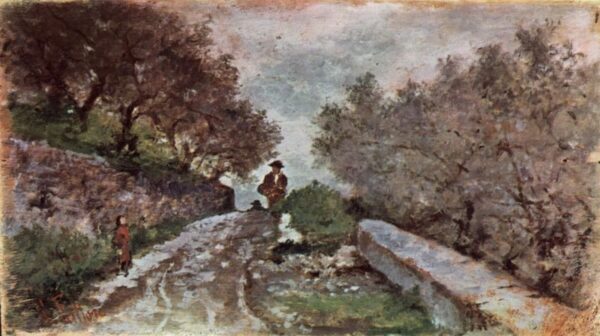 Strasse durch den Olivenhain mit zwei Passanten by Giovanni Fattori, hand-painted oil painting reproduction