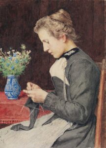 Strickende junge Frau mit Blumenstrauss by Albert Anker, hand-painted oil painting reproduction