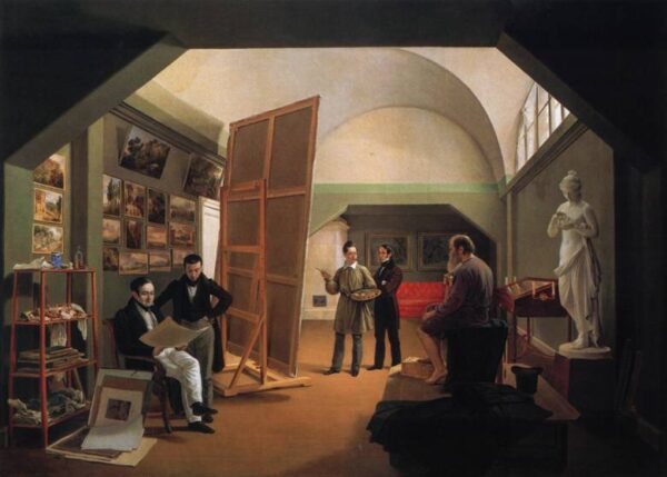 Painter Pyort Vasilyevich Basin’s Studio by Kapiton Zelentsov, hand-painted oil painting reproduction