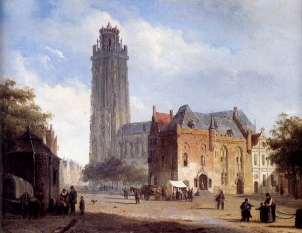 A Cathedral on a Townsquare in Summer by Cornelis Springer, hand-painted oil painting reproduction