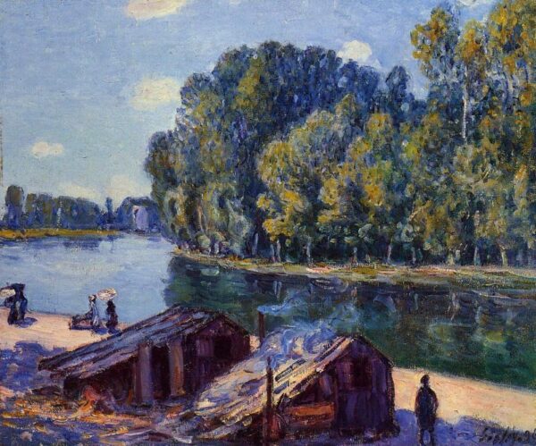 Cabins along the Loing Canal, Sunlight Effect by Alfred Sisley, hand-painted oil painting reproduction