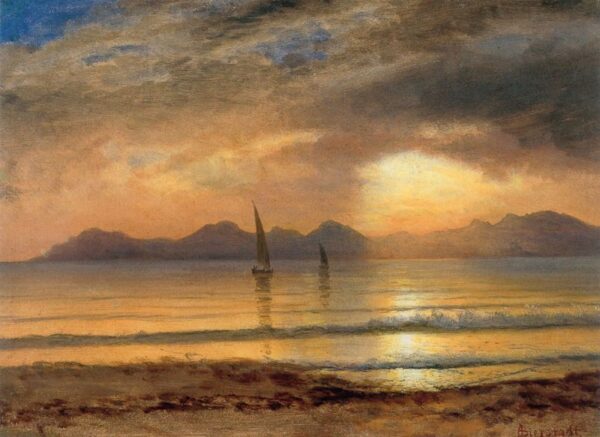 Sunset Over A Mountain Lake by Albert Bierstadt, hand-painted oil painting reproduction
