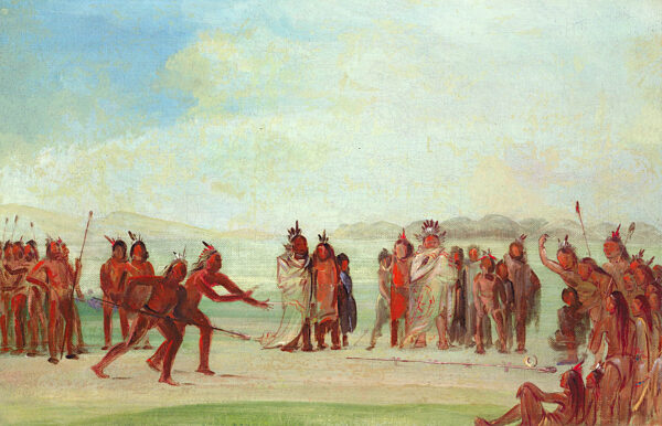 Tchung kee, a Mandan Game Played with a Ring and Pole by George Catlin, hand-painted oil reproduction