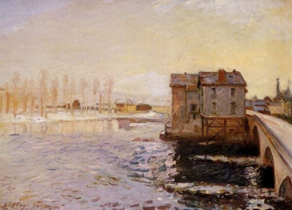 The Moret Bridge and Mills under Snow by Alfred Sisley, hand-painted oil painting reproduction