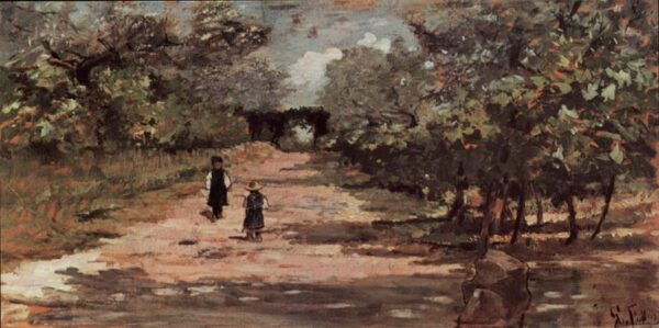 The Tree Avenue with Two Children by Giovanni Fattori, hand-painted oil painting reproduction
