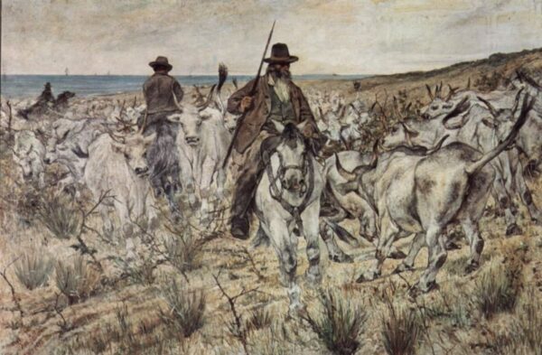Three Mounted Herders with Herd of Cows by Giovanni Fattori, hand-painted oil painting reproduction