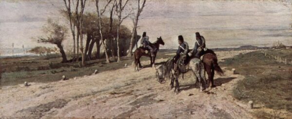 Three Cavalry Men on a Road by Giovanni Fattori, hand-painted oil painting reproduction