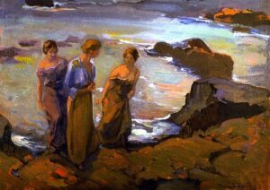 Three Women at the Seashore by Franz Bischoff, hand-painted oil painting reproduction